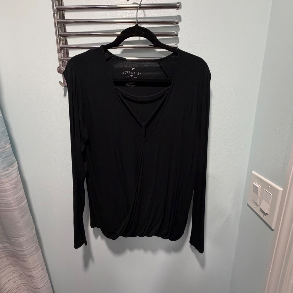 American Eagle Long Sleeve Top Black Medium Strappy Wrap Casual Night Out